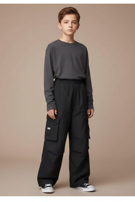 Pantalon Noir Cargo Ample Garçon Sport - Polyester