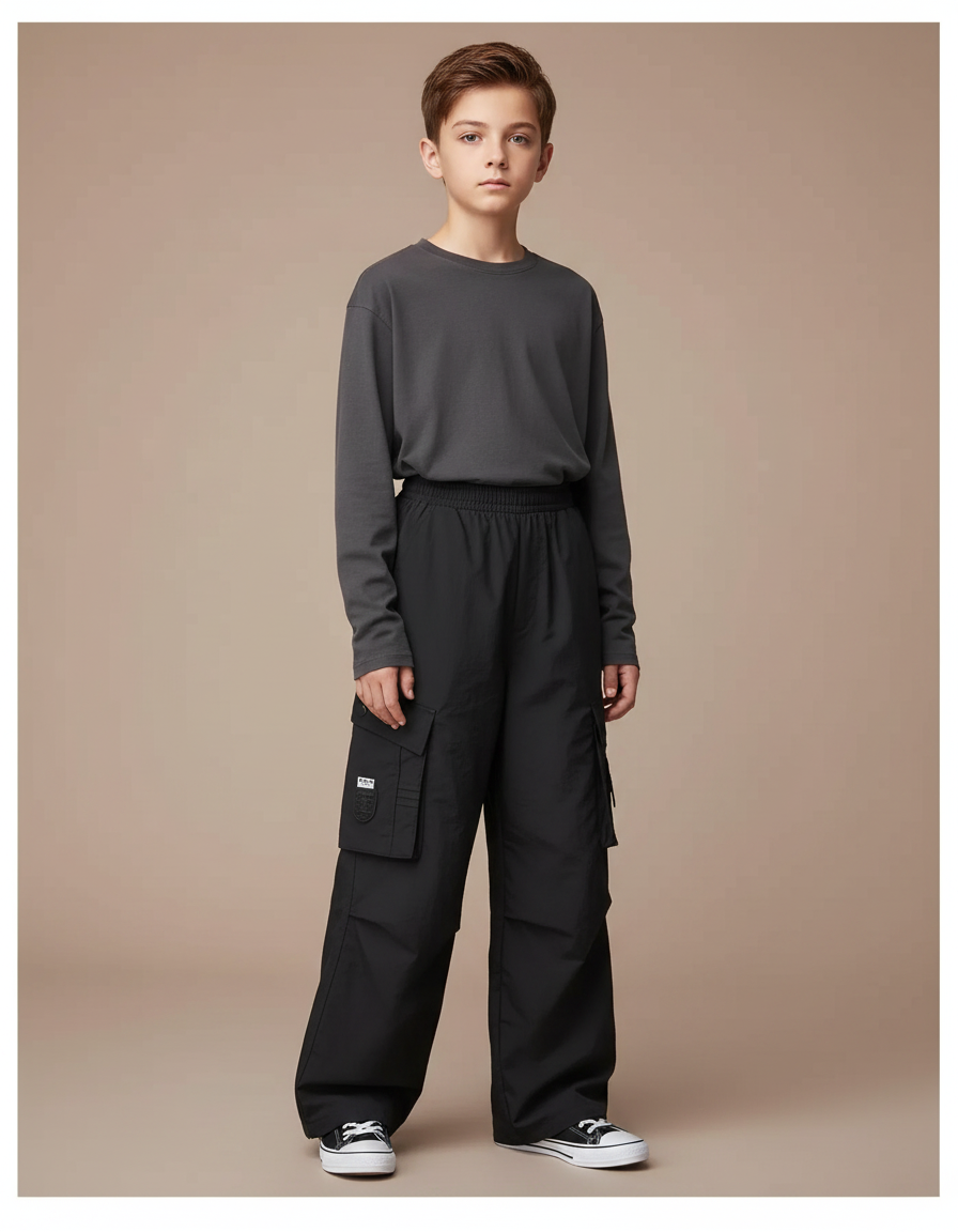 Pantalon Noir Cargo Ample Garçon Sport - Polyester
