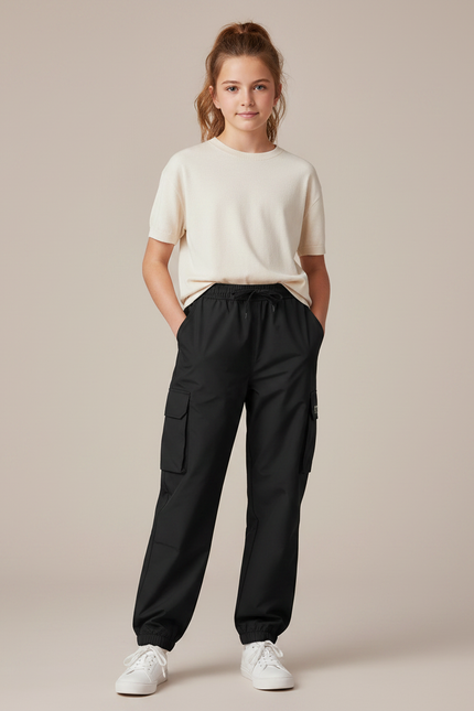 Pantalon Noir Cargo Ample Confortable Enfant - Polyester