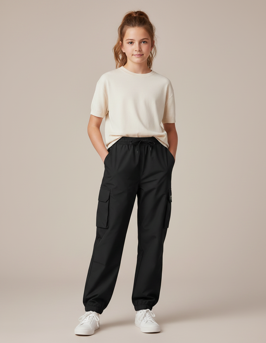 Pantalon Noir Cargo Ample Confortable Enfant - Polyester