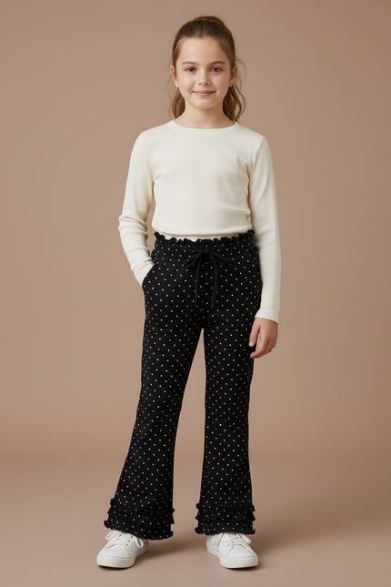 Pantalon Noir Fille Évasé Pois Coton Volants