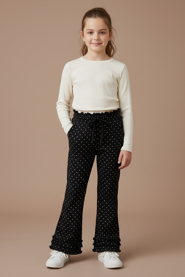 Pantalon Noir Fille Évasé Pois Coton Volants