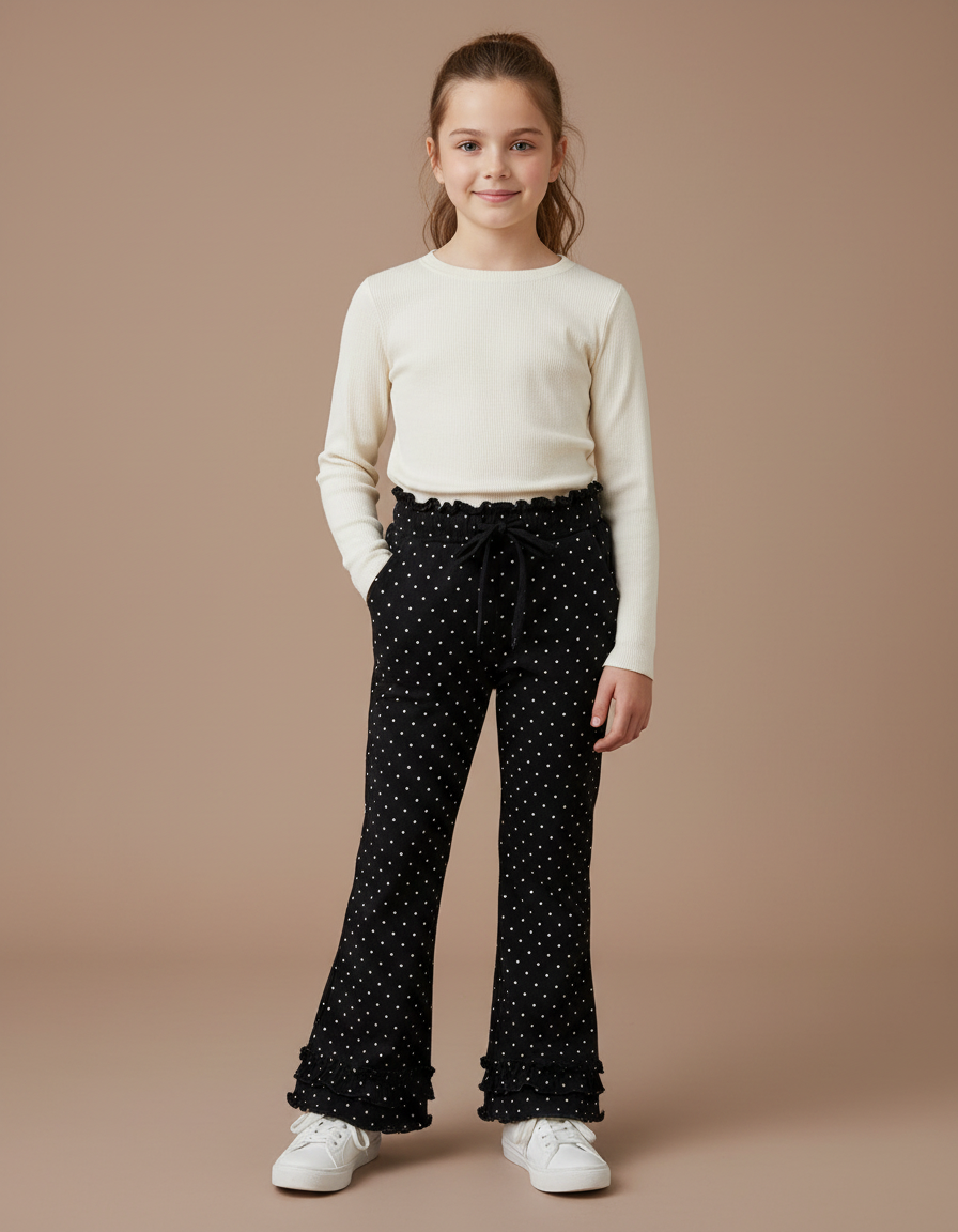 Pantalon Noir Fille Évasé Pois Coton Volants