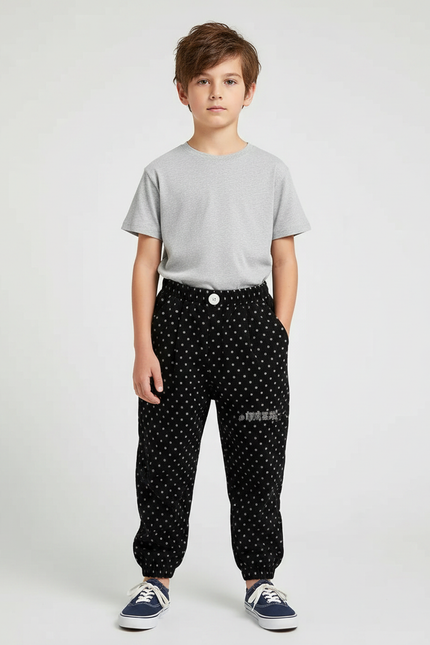 Pantalon Noir Côtelé Ample Points Décontracté Enfant - Cordé