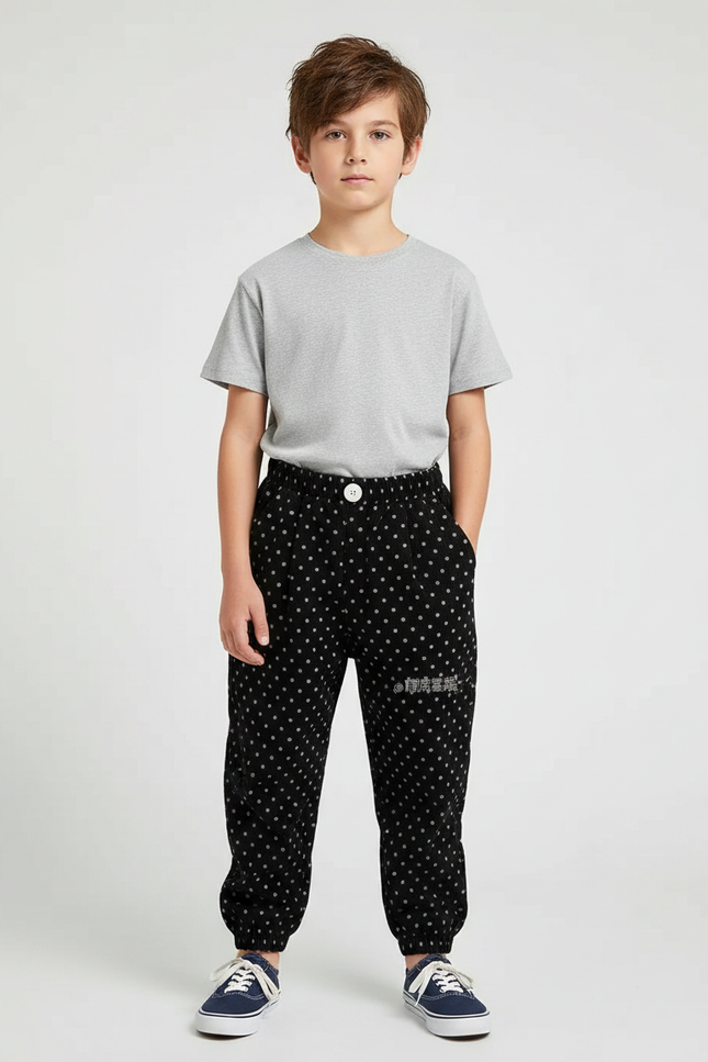 Pantalon Noir Côtelé Ample Points Décontracté Enfant - Cordé