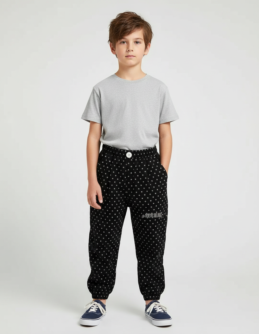 Pantalon Noir Côtelé Ample Points Décontracté Enfant - Cordé