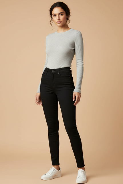 Pantalon Noir Skinny Taille Haute Confortable Femme - Jean