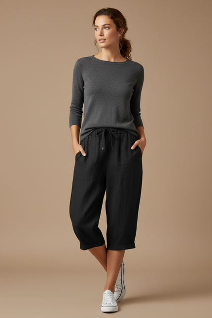 Pantalon Noir Lin Court Décontracté Cordon Femme