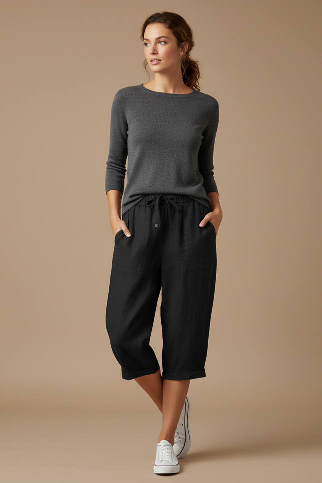 Pantalon Noir Lin Court Décontracté Cordon Femme
