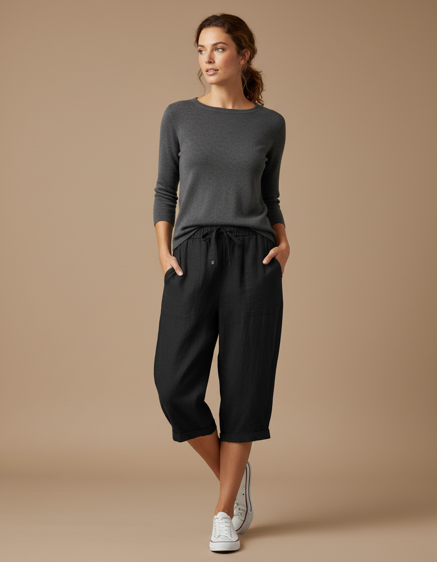 Pantalon Noir Lin Court Décontracté Cordon Femme