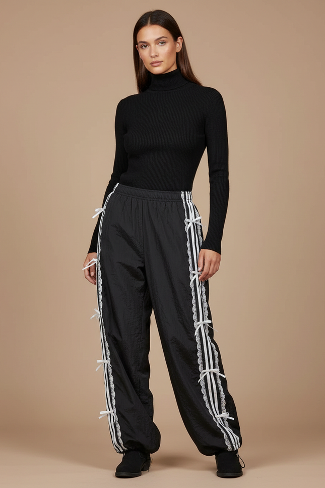 Pantalon Rayé Noir Et Blanc Femme - Polyester