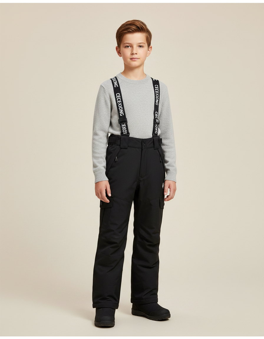 Pantalon Noir Ski Imperméable Enfant Bretelles Hiver - Polyester