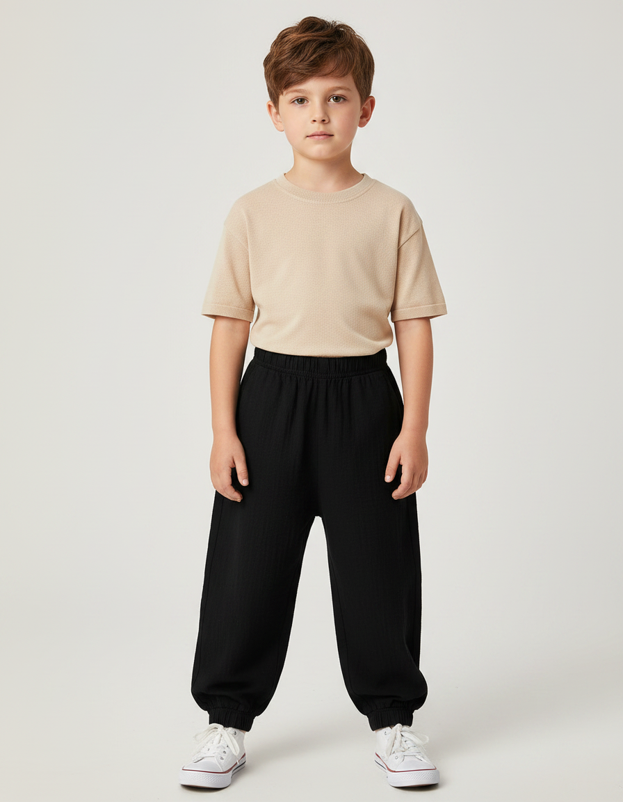 Pantalon Noir Ample Lin Coton Enfant Décontracté