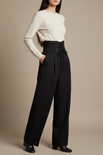 Pantalon Noir Taille Haute Cordon Large Ample - Gabardine