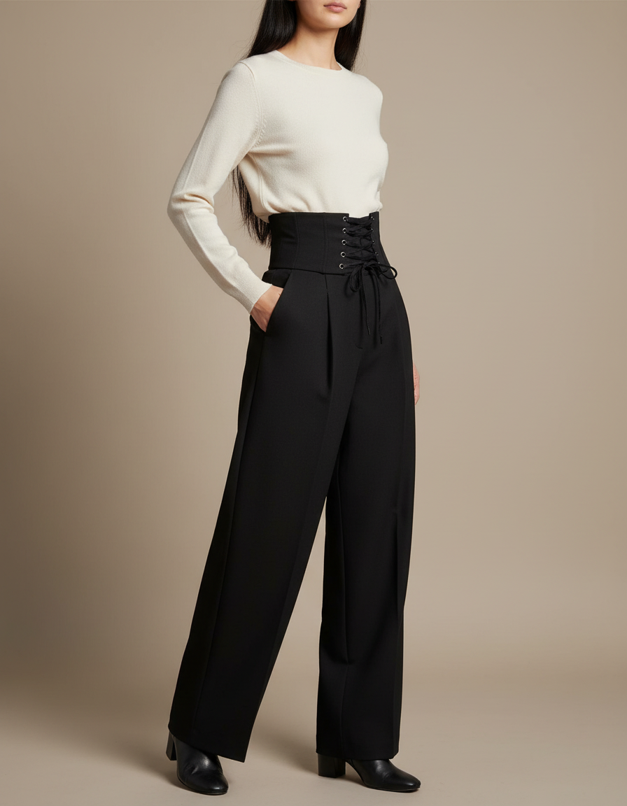 Pantalon Noir Taille Haute Cordon Large Ample - Gabardine