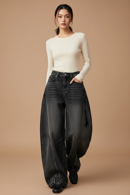 Pantalon Noir Baggy Ample Vintage Taille Haute - Jean