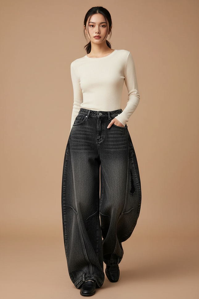 Pantalon Noir Baggy Ample Vintage Taille Haute - Jean