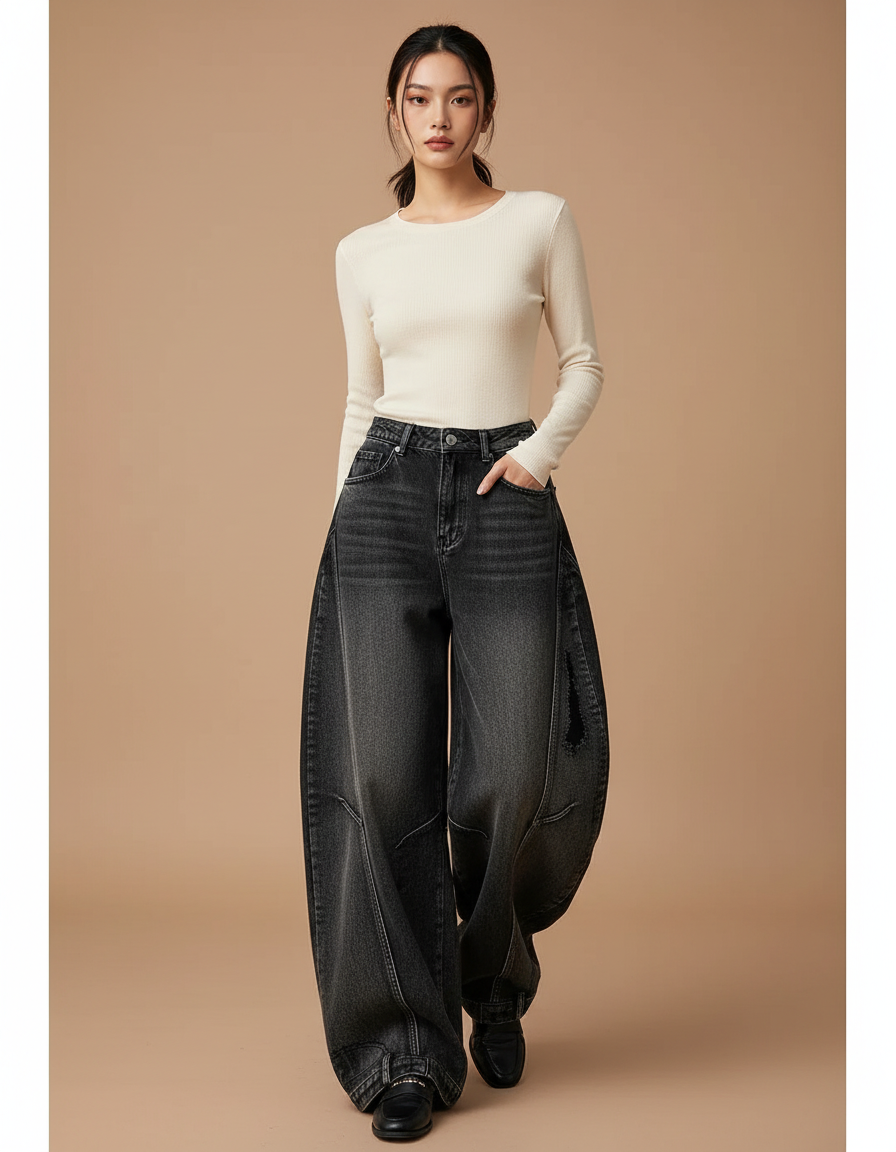 Pantalon Noir Baggy Ample Vintage Taille Haute - Jean