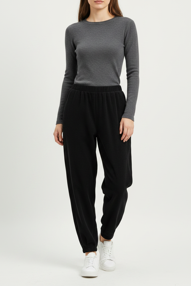 Pantalon Noir Ample Côtelé Décontracté Velours Femme