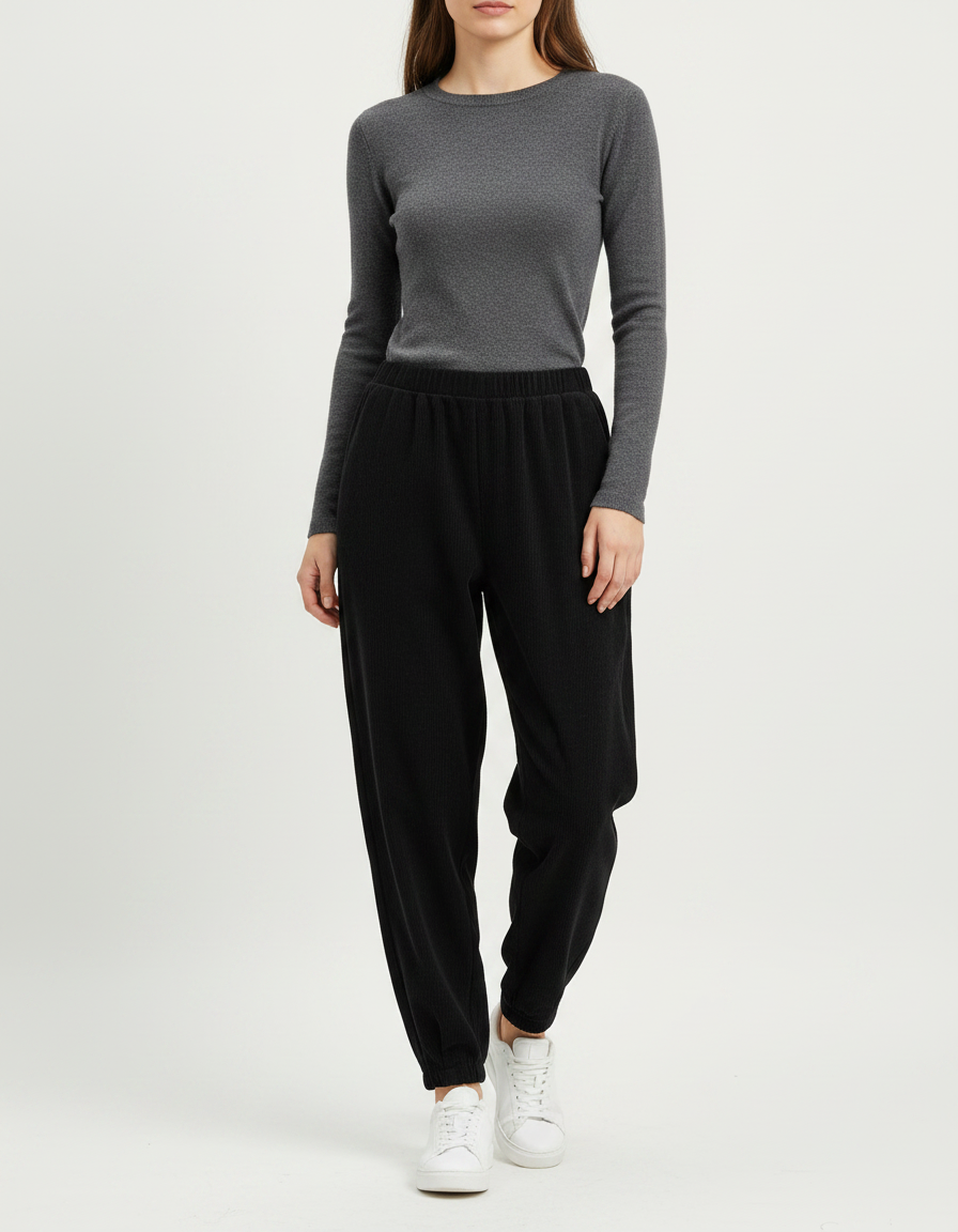 Pantalon Noir Ample Côtelé Décontracté Velours Femme