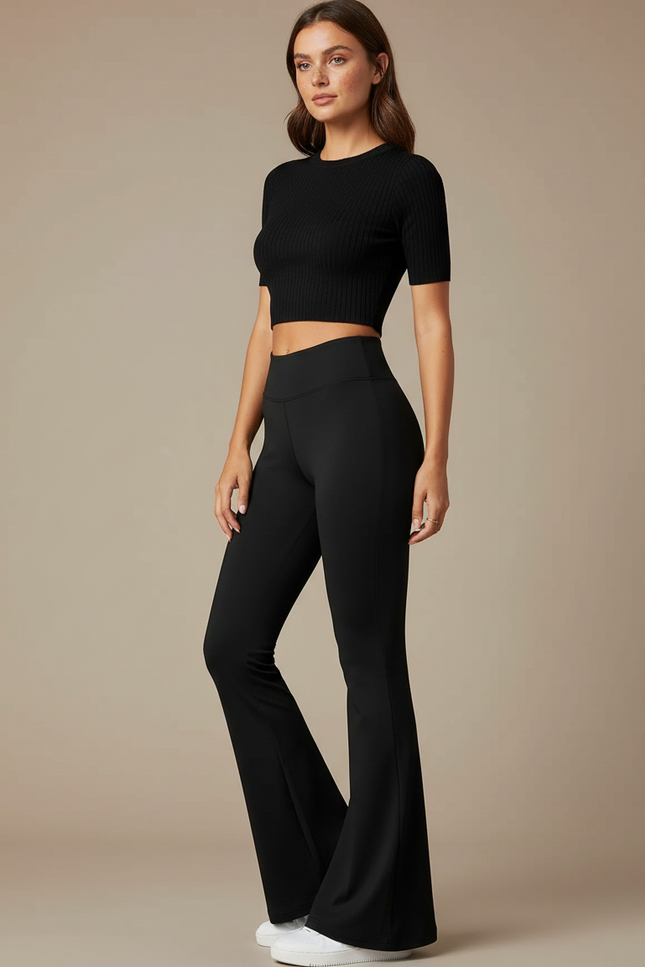 Pantalon Noir Flare Taille Haute Évasé Fluide - Polyester