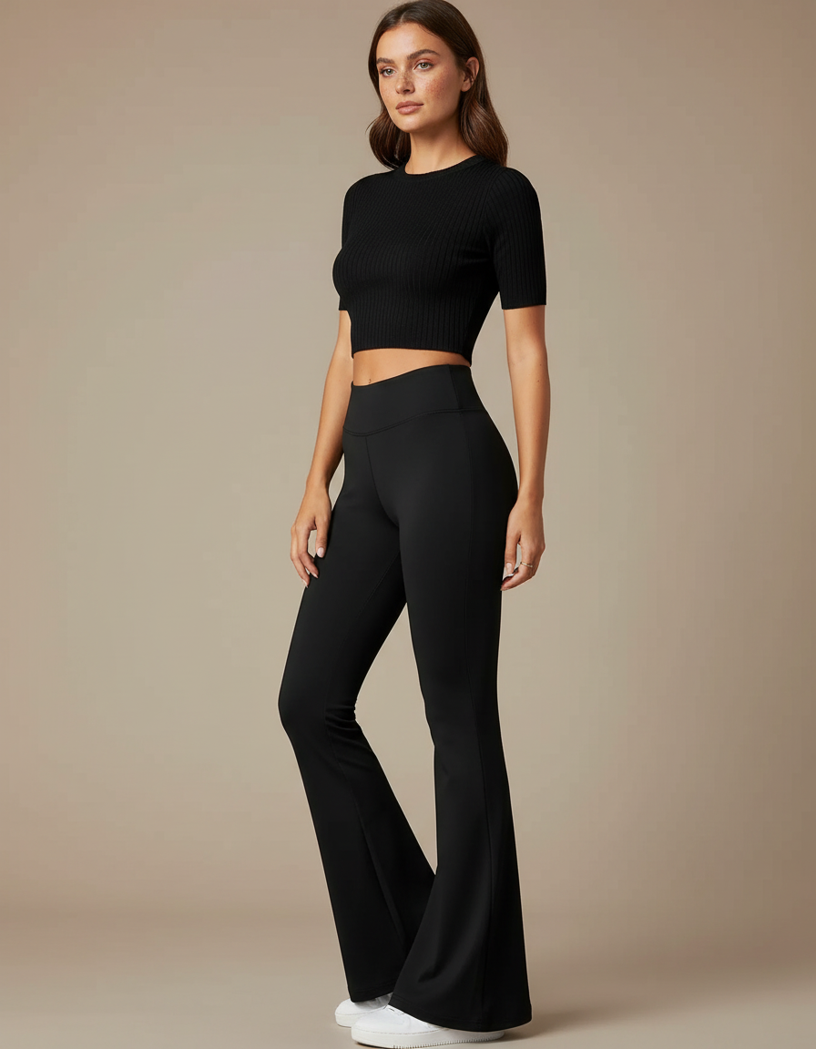 Pantalon Noir Flare Taille Haute Évasé Fluide - Polyester