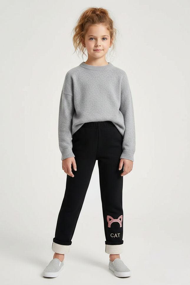 Pantalon Noir Molletonné Chaud Fille Motif Chat
