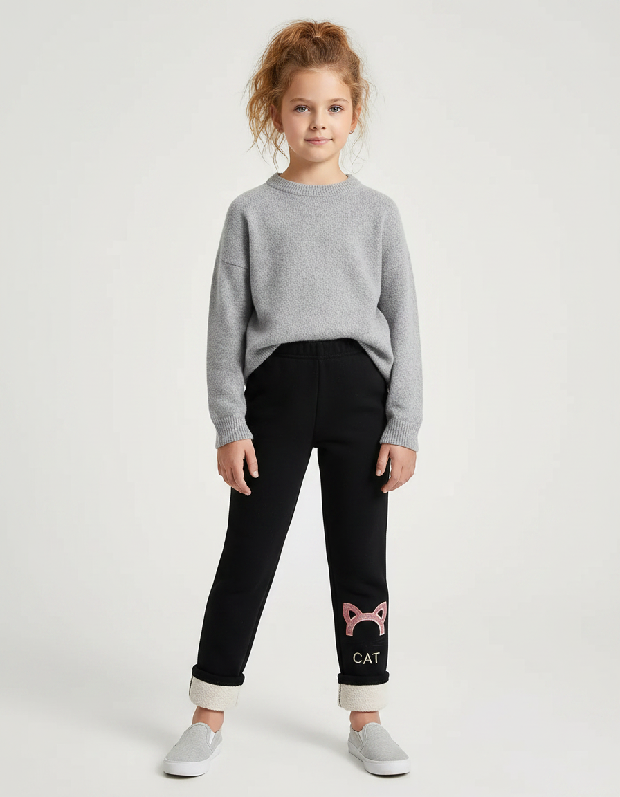 Pantalon Noir Molletonné Chaud Fille Motif Chat