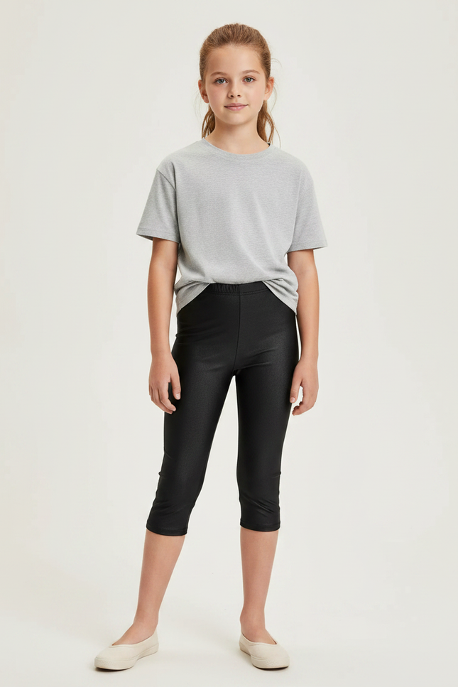 Pantalon Noir Capri Brillant Stretch Fille - Simili cuir