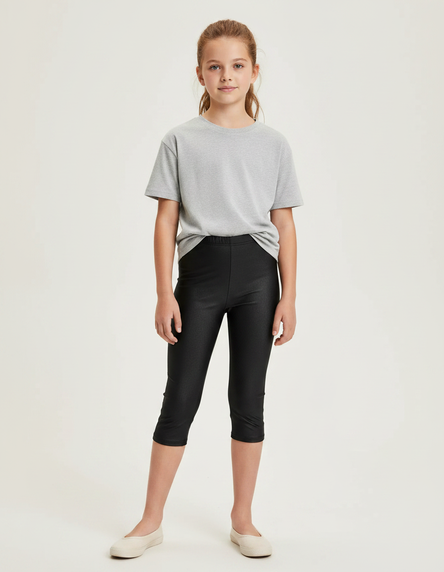Pantalon Noir Capri Brillant Stretch Fille - Simili cuir