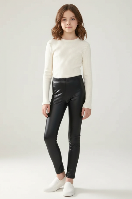 Pantalon Noir Similicuir Fille Slim Brillant - Simili cuir