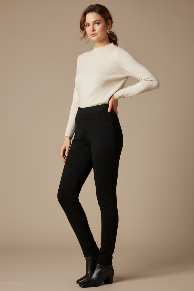 Pantalon Noir Slim Texturé Élastique Confortable Femme - Maille