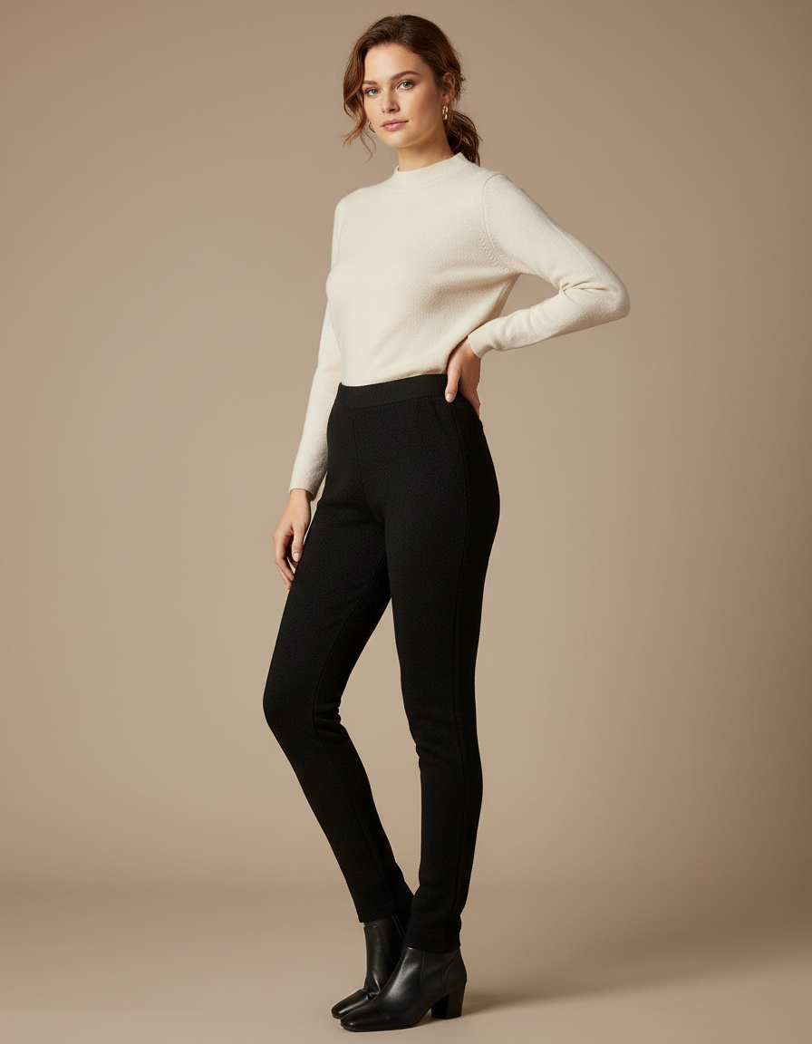 Pantalon Noir Slim Texturé Élastique Confortable Femme - Maille