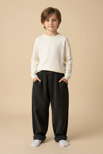 Pantalon Noir Côtelé Ample Décontracté Chaud Enfant - Cordé