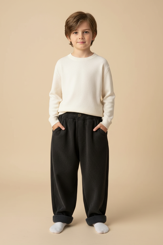 Pantalon Noir Côtelé Ample Décontracté Chaud Enfant - Cordé
