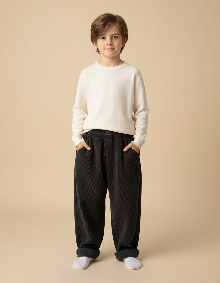 Pantalon Noir Côtelé Ample Décontracté Chaud Enfant - Cordé