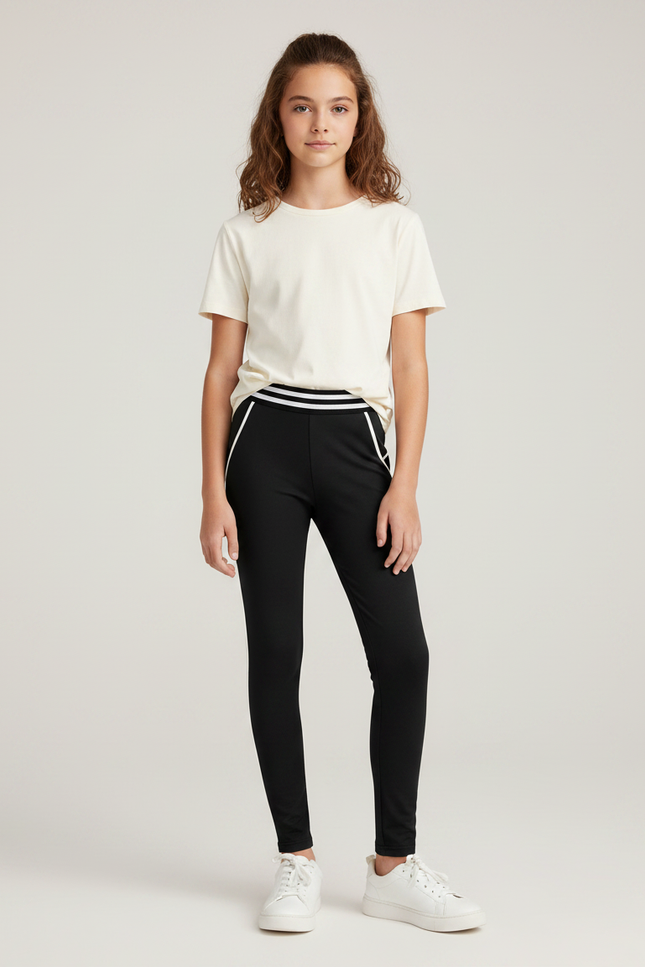 Pantalon Noir Fille Sportif Rayé Confortable Élastique - Polyester