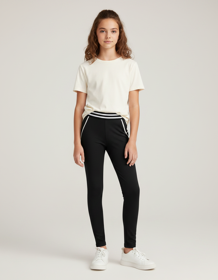 Pantalon Noir Fille Sportif Rayé Confortable Élastique - Polyester