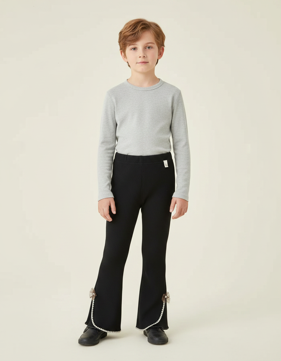 Pantalon Noir Côtelé Évasé Confortable Enfant - Maille