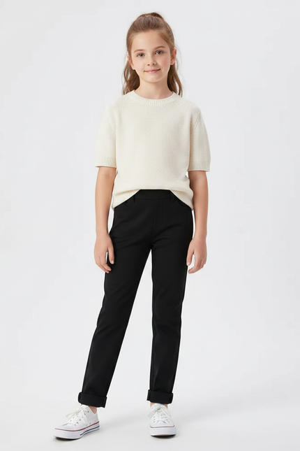 Pantalon Noir Fille Coton Stretch Élastique Cheville - Gabardine