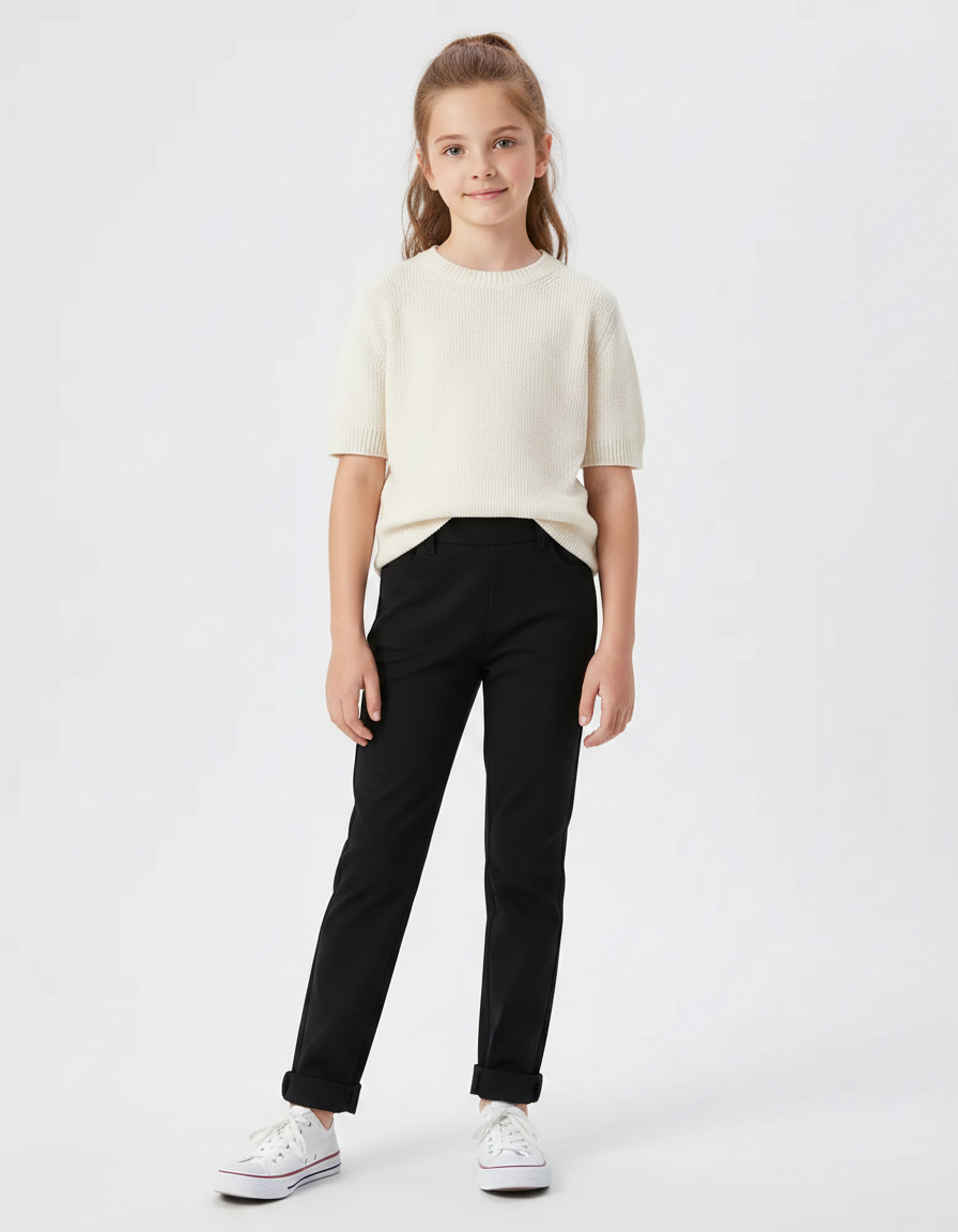 Pantalon Noir Fille Coton Stretch Élastique Cheville - Gabardine