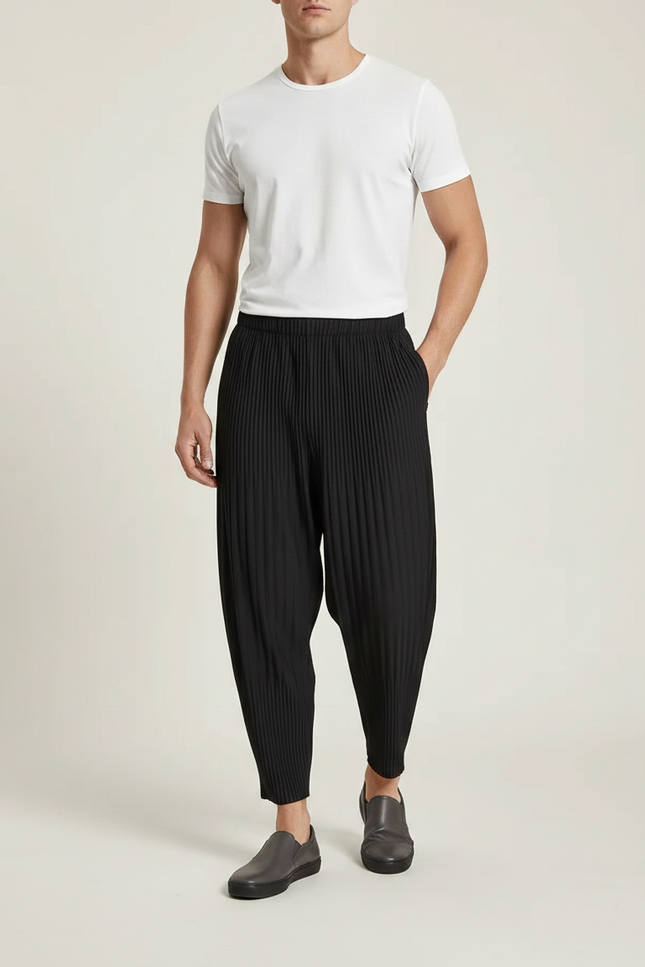 Pantalon Noir Plissé Harem Ample Décontracté Homme - Polyester