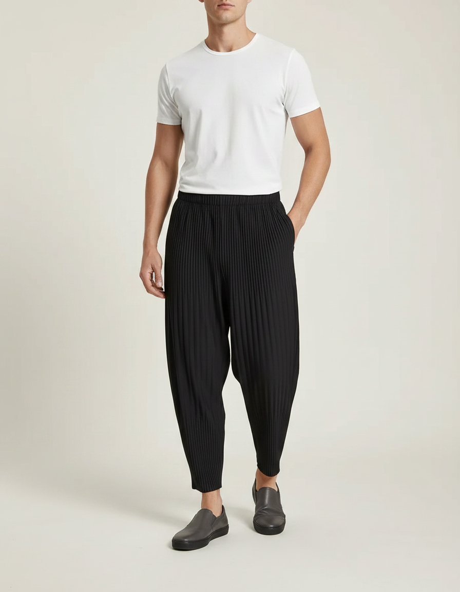 Pantalon Noir Plissé Harem Ample Décontracté Homme - Polyester