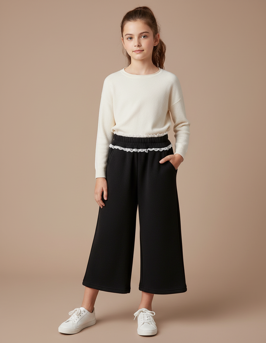 Pantalon Noir Ample, Court, Avec Dentelle Blanche - Molleton