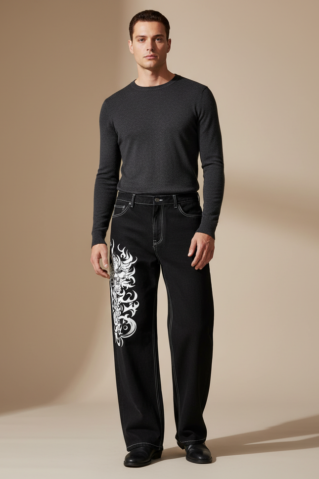 Pantalon Noir Denim Ample Tribal Décontracté - Jean