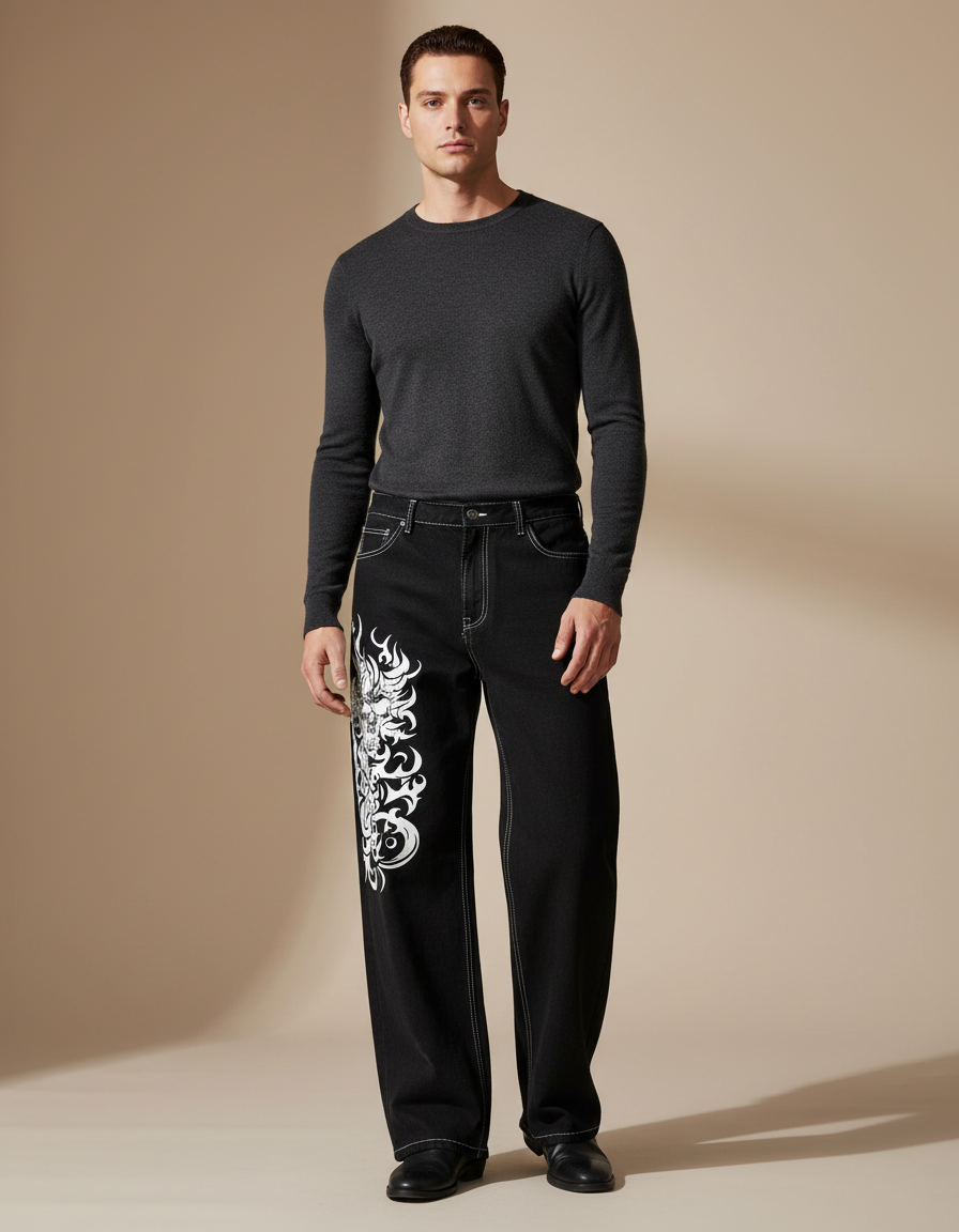 Pantalon Noir Denim Ample Tribal Décontracté - Jean