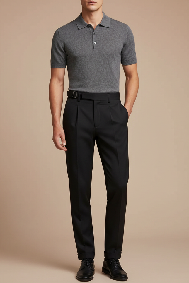Pantalon Noir Homme Ajusté Plissé Élégant Habillé - Gabardine