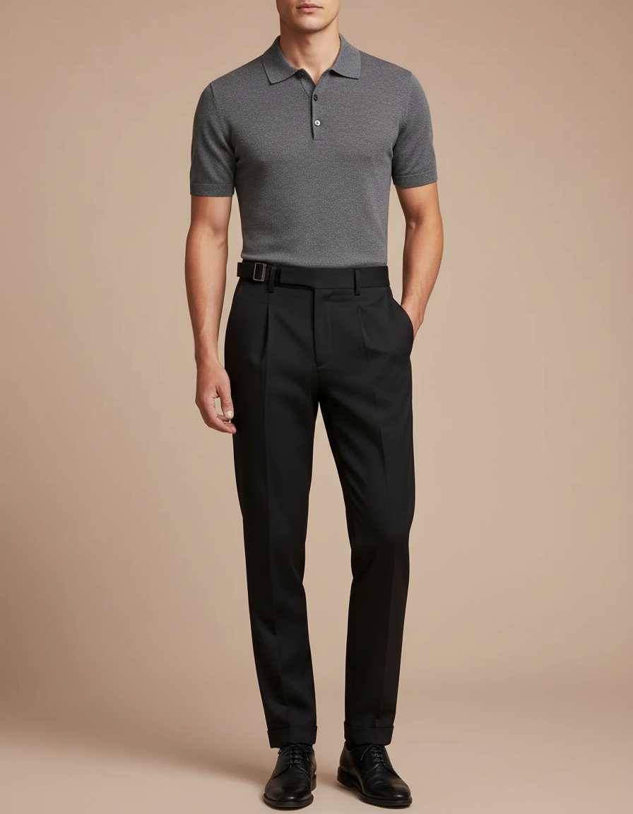 Pantalon Noir Homme Ajusté Plissé Élégant Habillé - Gabardine