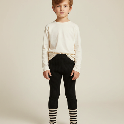 Pantalon Noir Côtelé Tricoté Extensible Confortable Enfant - Maille