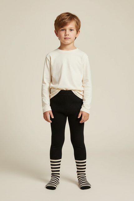 Pantalon Noir Côtelé Tricoté Extensible Confortable Enfant - Maille